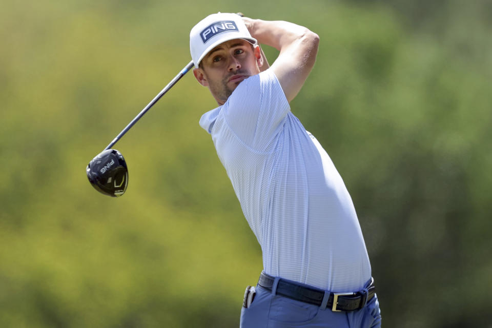 Taylor Moore drives on the second hole during the final round of the Valspar Championship golf tournament Sunday, March 19, 2023, at Innisbrook in Palm Harbor, Fla. (AP Photo/Mike Carlson)