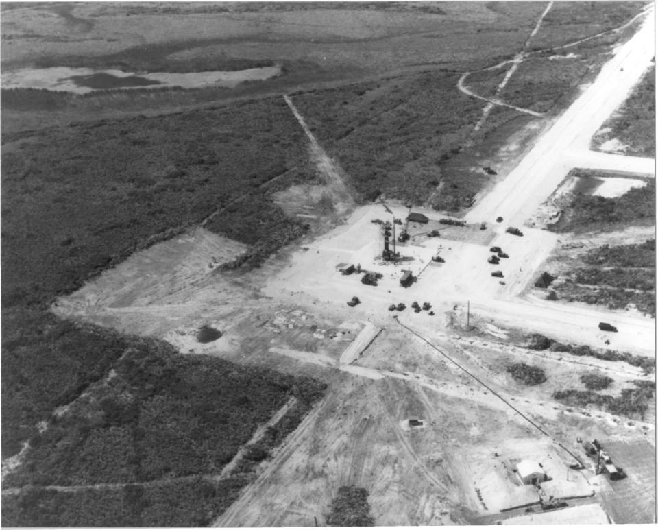 This historical aerial photograph shows Launch Complex 3. The Bumper blockhouse is seen at the bottom right.