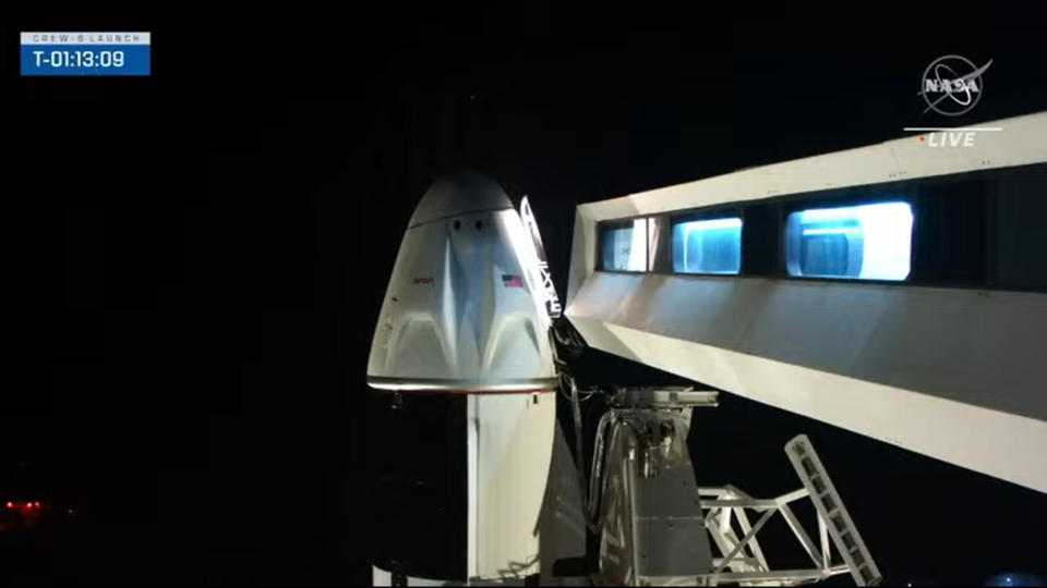 SpaceX's Crew Dragon Endeavour and its crew walkway gantry on Launch Pad 39A of NASA's Kennedy Space Center for the Crew-6 launch