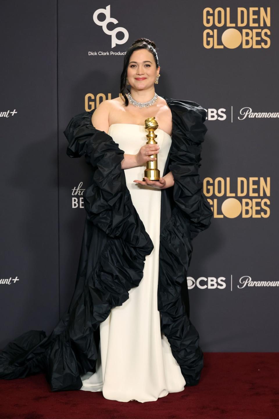 莉莉葛萊史東以《花月殺手》奪下金球獎戲劇類最佳女主角獎。（Apple TV+提供）