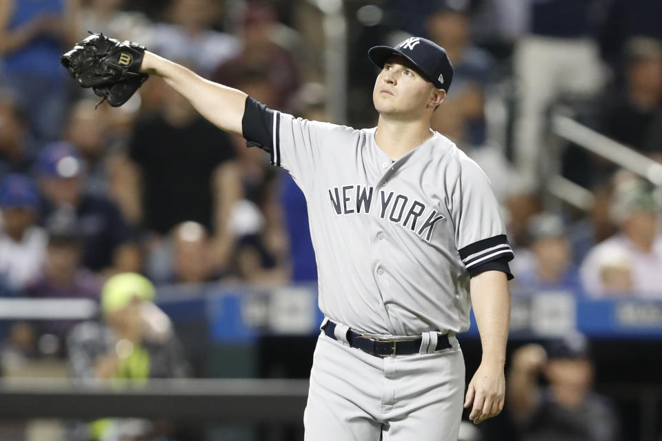 New York Yankees' relief pitcher Zack Britton reacts after the rival New York Mets scored two runs during the eighth inning of an interleague baseball game, Tuesday, July 2, 2019, in New York. (AP Photo/Kathy Willens)