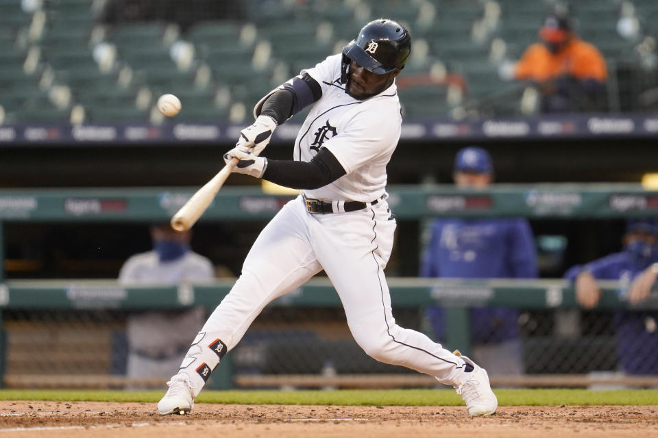 Detroit Tigers' Akil Baddoo hits a one-run single against the Kansas City Royals in the fourth inning of a baseball game in Detroit, Tuesday, May 11, 2021. (AP Photo/Paul Sancya)