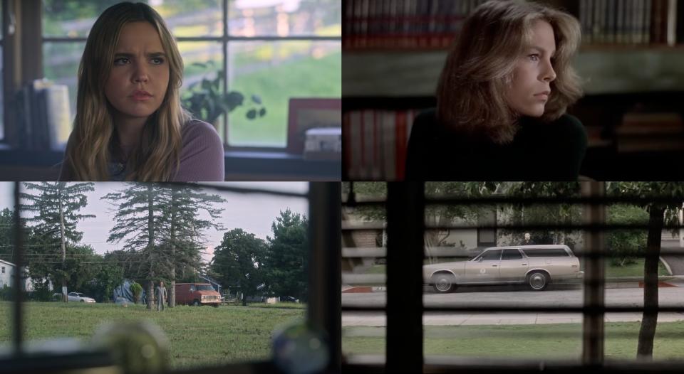 imogen looking out the classroom window at a in pretty little liars original sin and laurie looking out the window at michael myers in halloween