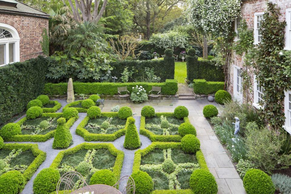 18th century charleston, south carolina, home design by ben lenhardt in the parterre garden, kingsville boxwood borders with corner globes of japanese boxwood frame variegated asiatic jasmine knots and smaller spheres of oregano