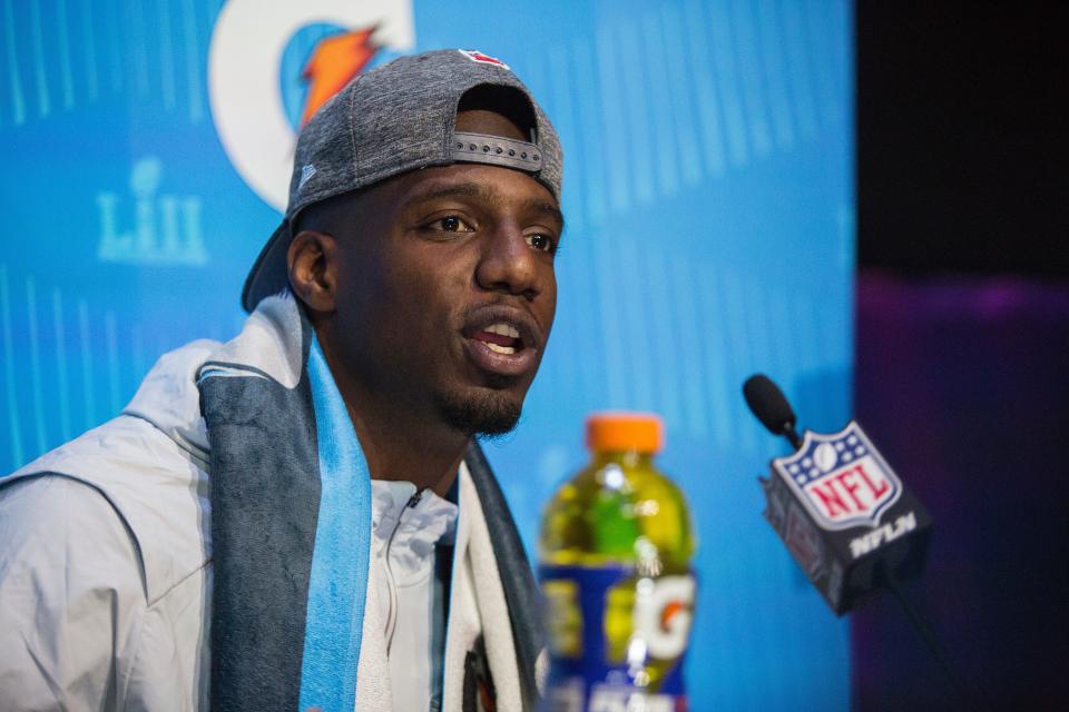 New England Patriots tight end and and Caesar Rodney High School alumni  Duron Harmon speaks to the media during Super Bowl Opening Night Monday at the Excel Energy Center. 