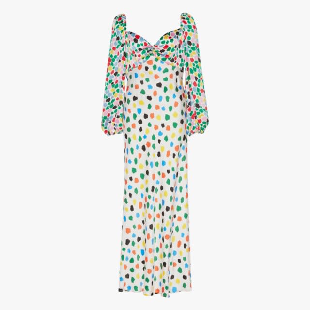 Rixo Gio printed silk-satin midi dress, $309, modaoperandi.com