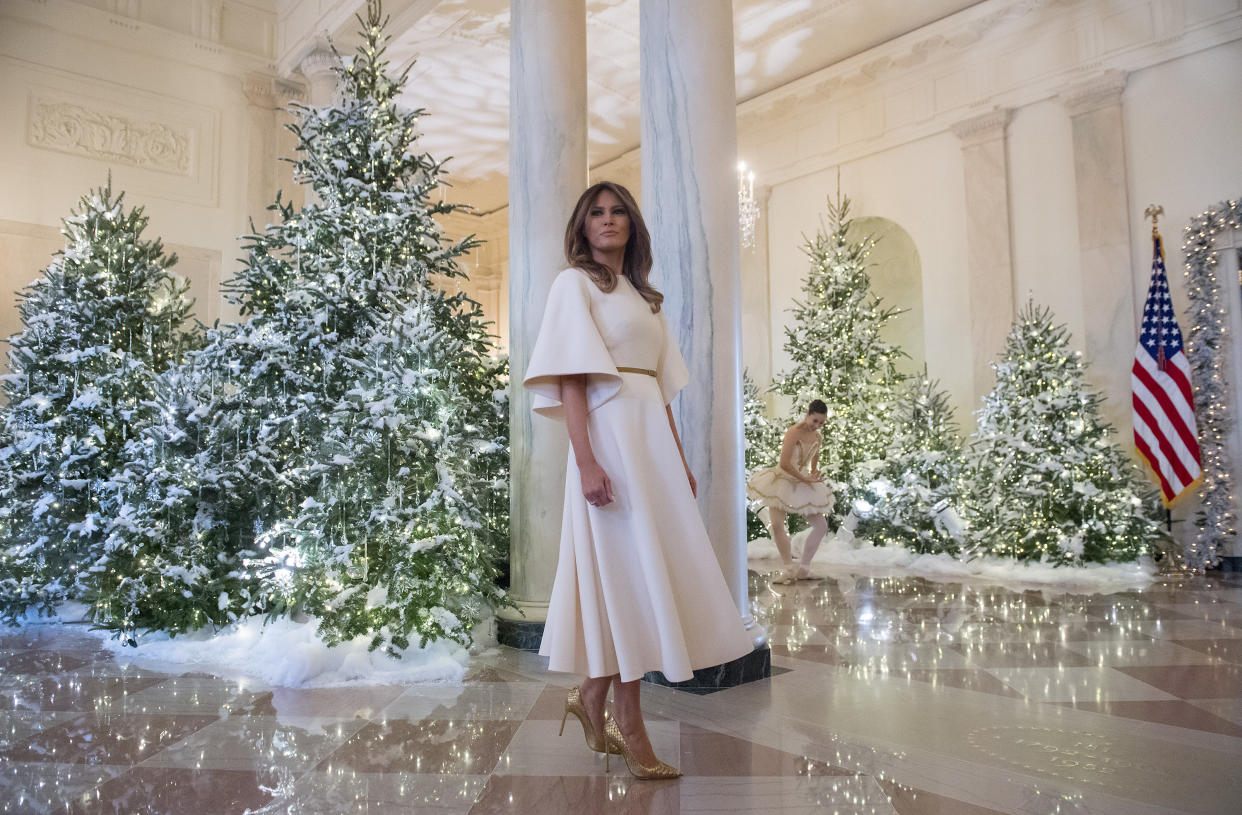 First lady Melania Trump tours Christmas decorations at the White House in Washington, D.C., on Monday. (Saul Loeb/AFP/Getty Images)