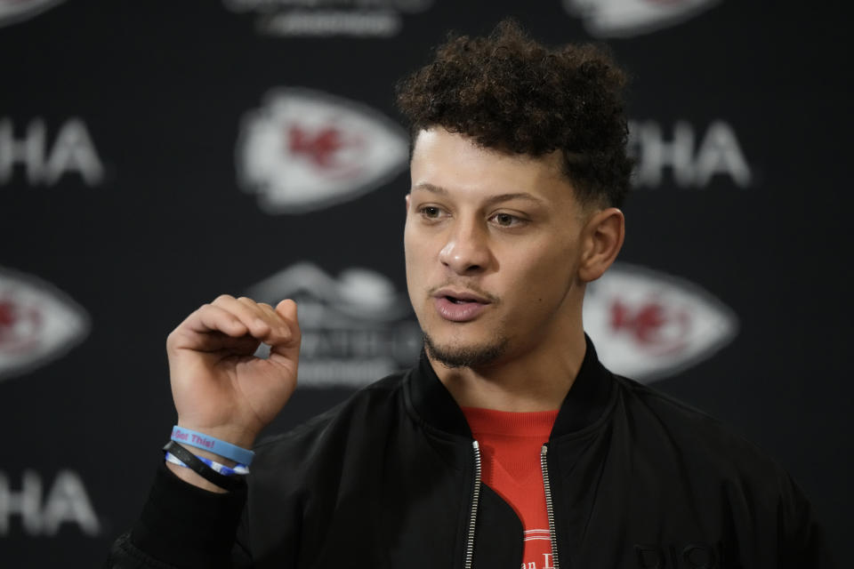 Kansas City Chiefs quarterback Patrick Mahomes speaks following an NFL football game against the Cincinnati Bengals Sunday, Dec. 31, 2023, in Kansas City, Mo. The Chiefs won 25-17 to clinch the AFC West. (AP Photo/Charlie Riedel)