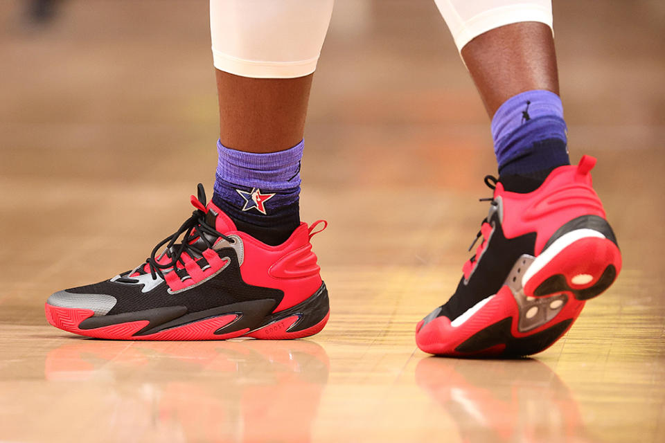 Anthony Edwards in a PE of the Adidas BYW Select during the 2023 NBA All-Star Game. - Credit: Tim Nwachukwu/Getty Images