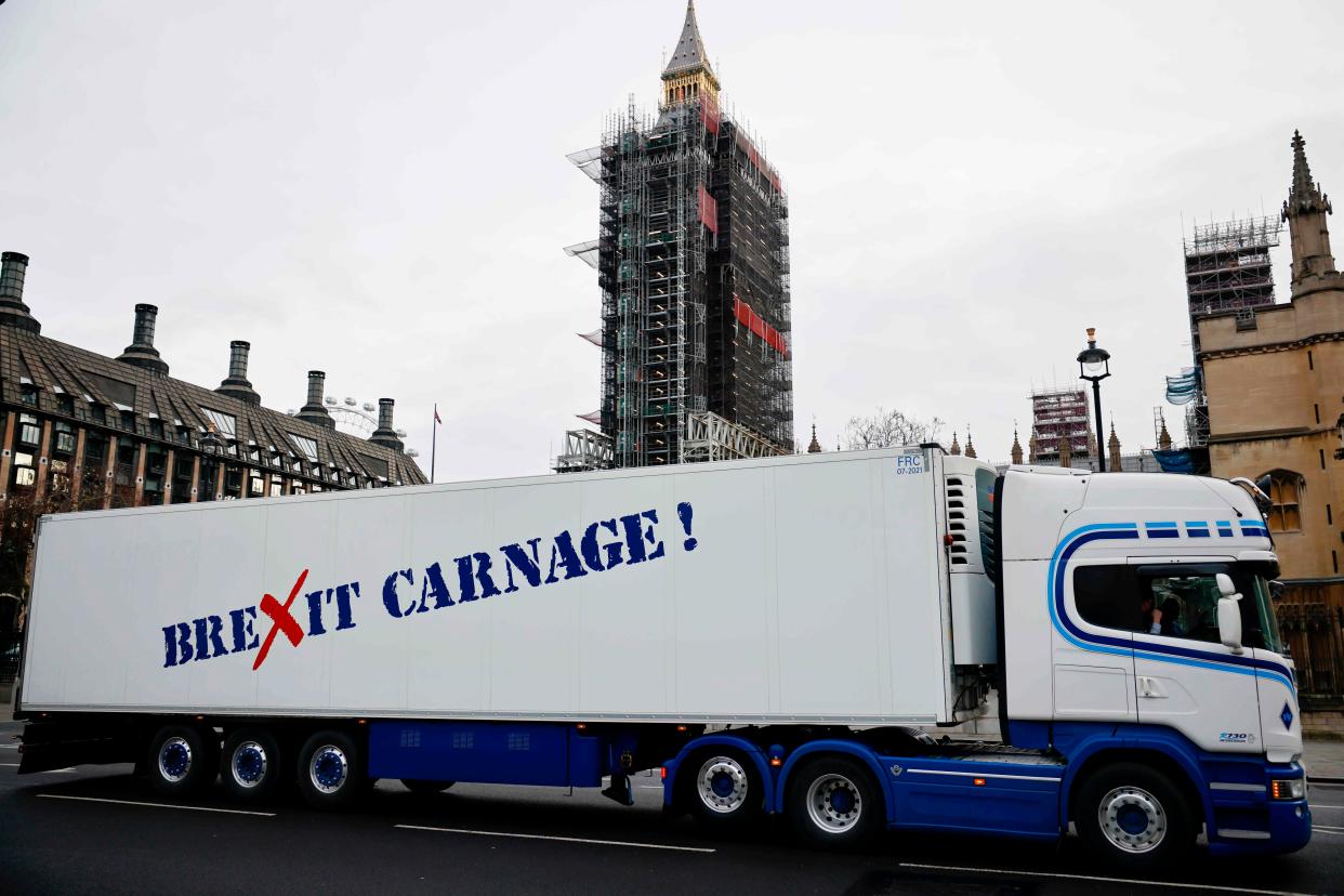 The fishing industry protesting export delays in Westminster today (AFP via Getty Images)