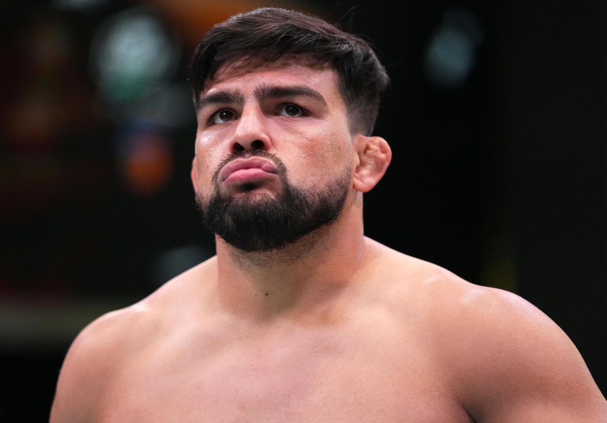 LAS VEGAS, NEVADA - AUGUST 21: Kelvin Gastelum prepares to fight Jared Cannonier in a middleweight fight during the UFC Fight Night event at UFC APEX on August 21, 2021 in Las Vegas, Nevada. (Photo by Chris Unger/Zuffa LLC)