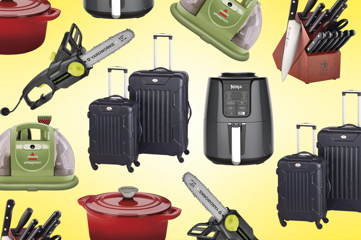 ninja air fryer, shark air brush, knife block set, bissell little green carpet cleaner, suitcases, yardworks chainsaw, canadian tire sale on yellow background