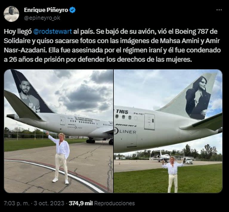 Rob Stewart también se sacó una foto delante del avión de Enrique Piñeyro (Foto: X @epineyro_ok)