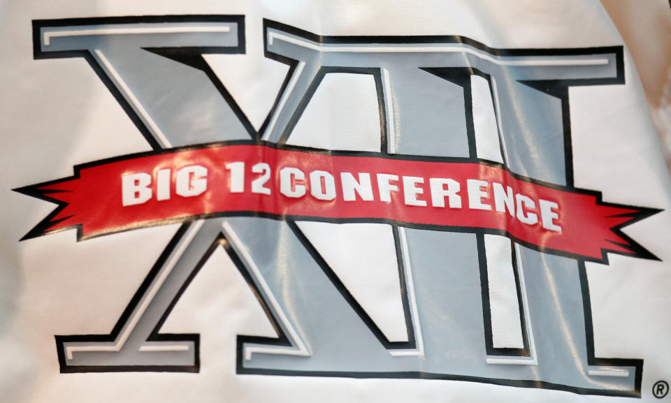 FILE - The Big 12 Conference logo is seen during the first quarter of an NCAA college football game between Missouri and Western Illinois, Sept. 17, 2011, in Columbia, Mo. Colorado is leaving the Pac-12 to return to the conference the Buffaloes jilted a dozen years ago, and the Big 12 celebrated the reunion with a two-word statement released through Commissioner Brett Yomark: “They’re back.” (AP Photo/Jeff Roberson, File)