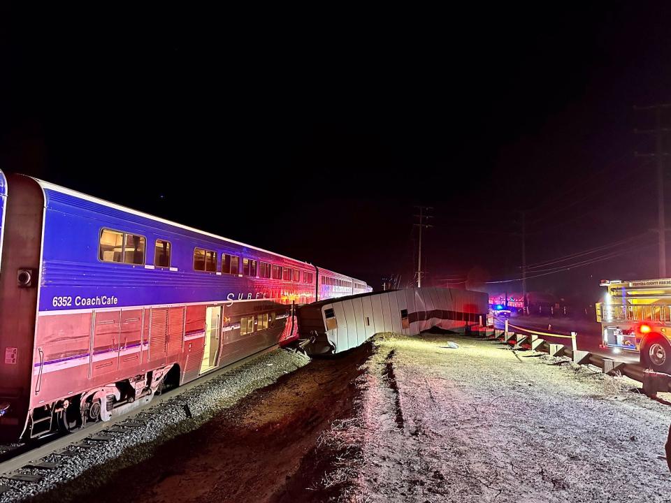 The trailer of a big rig hit by an Amtrak train in the Somis area Tuesday night rests next to tracks along Highway 118.