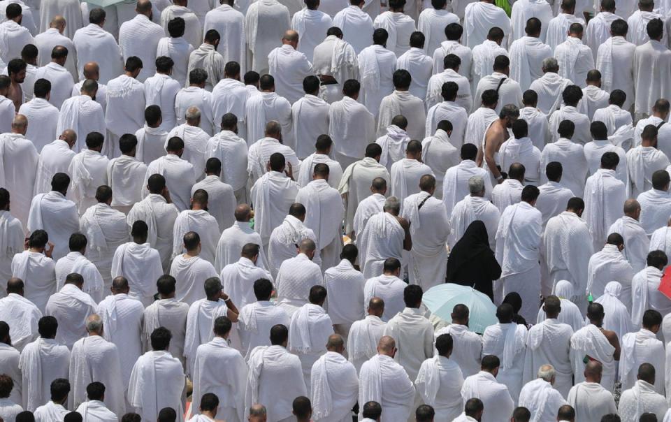 Muslim worshippers gather for prayer at Namirah Mosque in Mount Arafat, Saudi Arabia, before the end of Hajj (AFP/Getty Images)