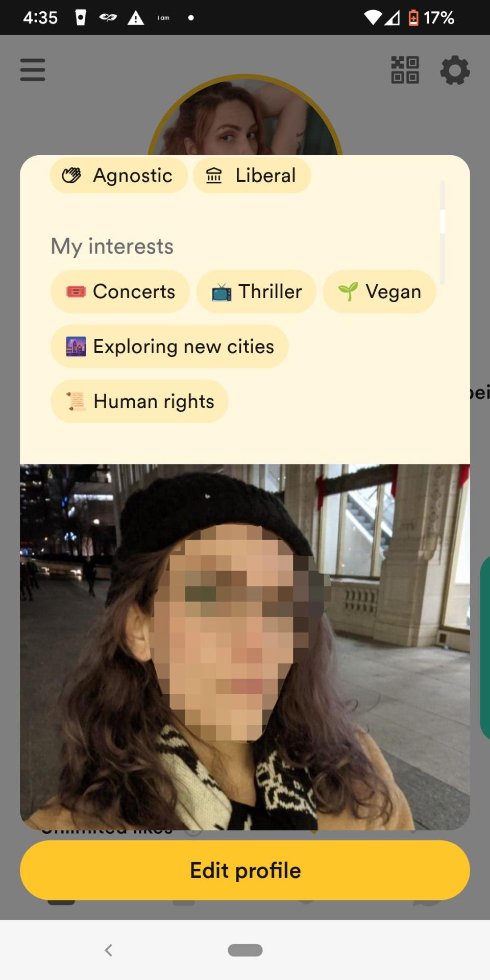 A screenshot of a person's dating profile.