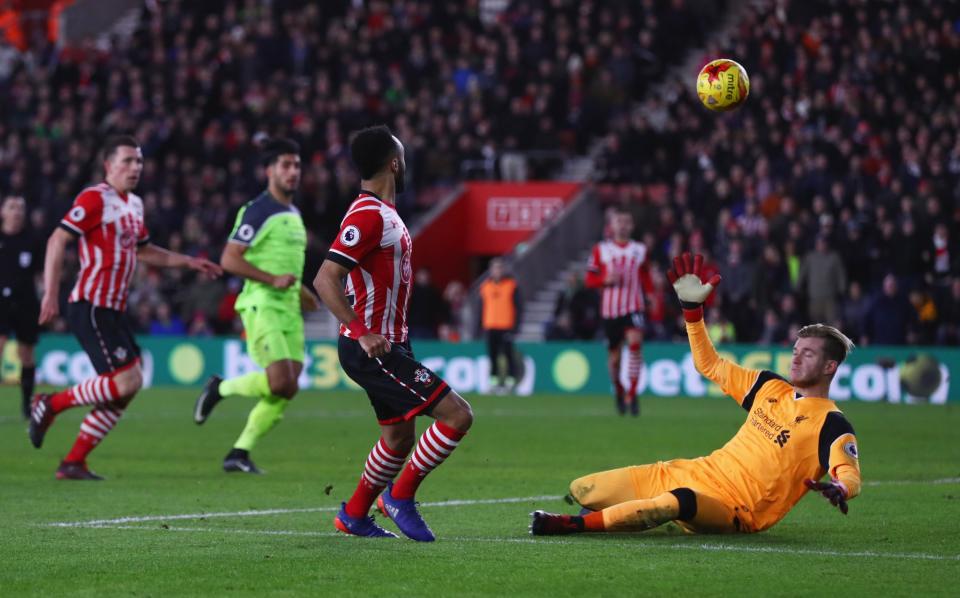 <p>Redmond nearly doubles Southampton’s lead with a deft lob which comes back off the crossbar with Karius beaten (Getty Images) </p>