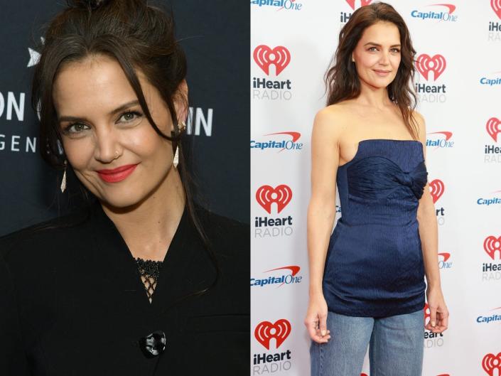 A side-by-side image of Katie Holmes smiling on the red carpet in a black jacket and red lipstick, and Holmes posing for photos in a navy satin corset dress over a pair of light-wash jeans.