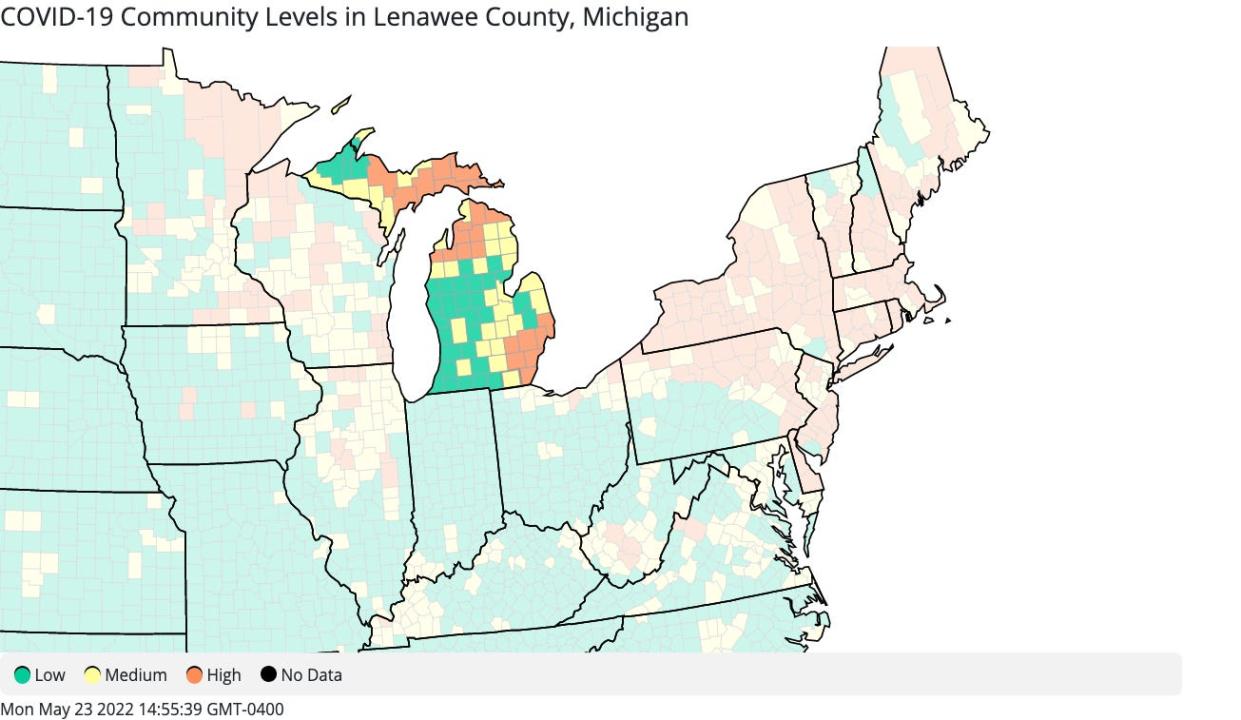 Lenawee County continued to be in the Centers for Disease Control and Prevention's "medium" community COVID-19 level, shown in yellow, as of May 23. Counties with "high" community COVID-19 are in orange, and counties with "low" community COVID-19 are in green.