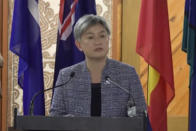 In this image taken from video, Australian Foreign Minister Penny Wong speaks during a keynote address at the Pacific Islands Forum Secretariat, Thursday, May 26, 2022, in Suva, Fiji. (Australian Dept. of Foreign Affairs and Trade via AP)