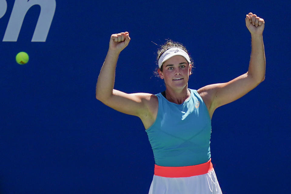 Jennifer Brady, of the United States, reacts after defeating Angelique Kerber, of Germany, during the fourth round of the US Open tennis championships, Sunday, Sept. 6, 2020, in New York. (AP Photo/Seth Wenig)