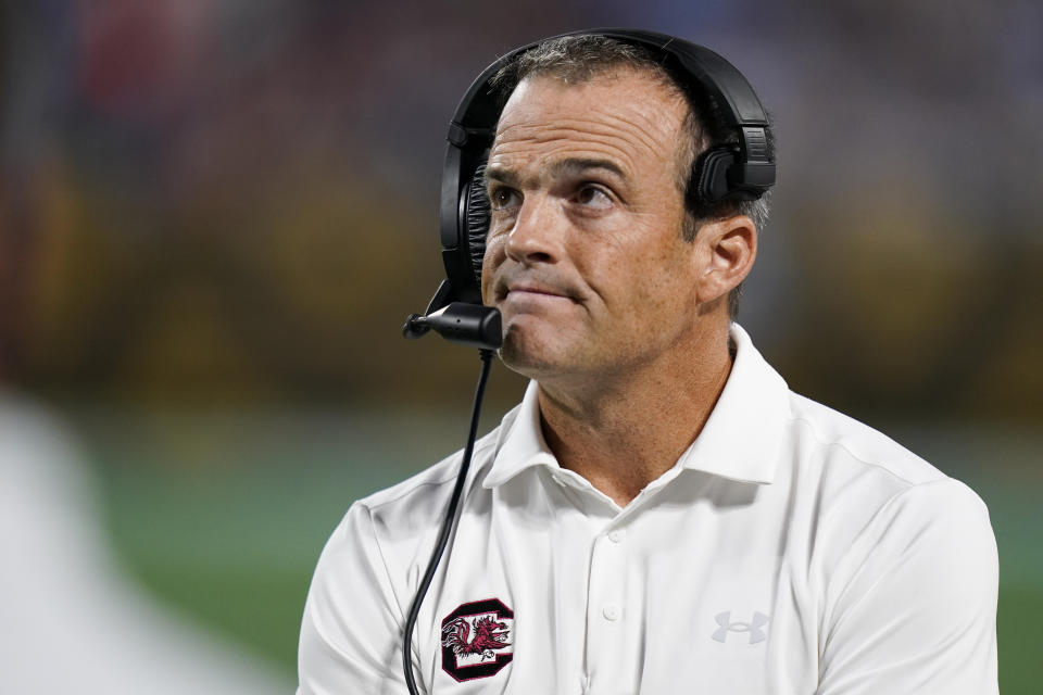 South Carolina head coach Shane Beamer looks on during the second half of an NCAA college football game against North Carolina, Saturday, Sept. 2, 2023, in Charlotte, N.C. (AP Photo/Erik Verduzco)