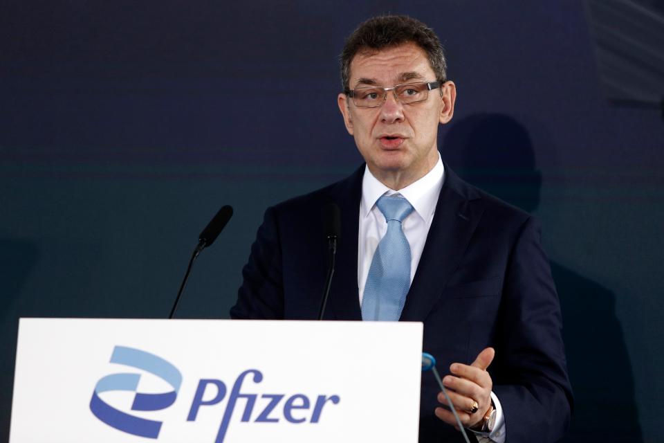 Pfizer CEO Albert Bourla speaks during a ceremony in Thessaloniki, Greece, on Oct. 12, 2021. On Friday, Nov. 19, 2021.