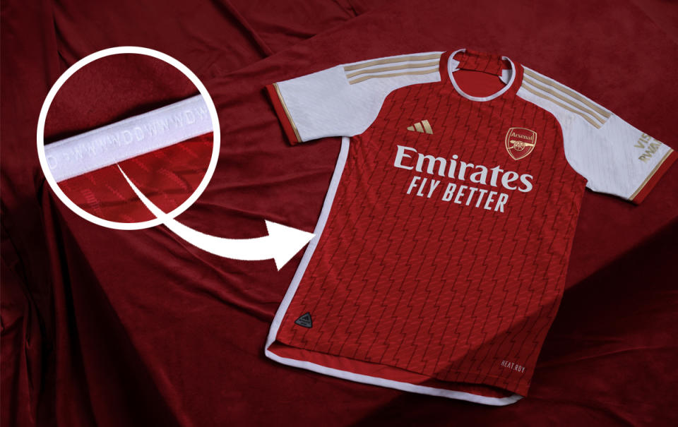 Arsenal's new home shirt for the 2023/24 season, with Invincible-inspired embellishment down the side