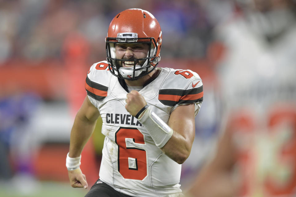 FILE - In this Aug. 17, 2018, file photo, Cleveland Browns quarterback Baker Mayfield celebrates in the second half of the team's NFL football preseason game against the Buffalo Bills, in Cleveland. With a shocking, blockbuster trade for superstar wide receiver Odell Beckham Jr., the Browns flipped the NFL on its helmet and instantaneously changed their national perception. The Browns roster now includes Beckham, Mayfield, Jarvis Landry and Myles Garrett. (AP Photo/David Richard, File)