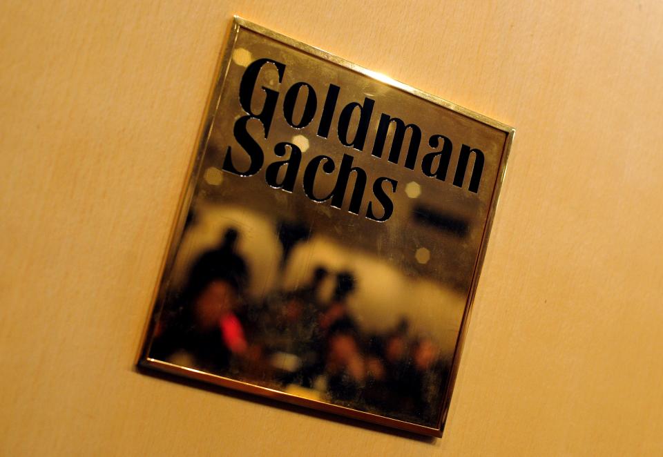 A plaque for investment banking giant Goldman Sachs at a press conference in Hong Kong in 2009.