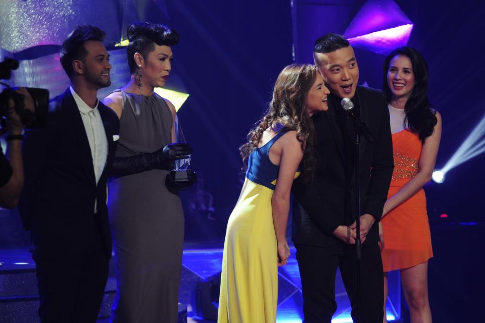 "It's Showtime" hosts receive the award for "Best Rality/ Game Show Host" during the 26th Star Awards for TV held at the Henry Lee Irwin Theater in Ateneo De Manila University on 18 November 2012.(left to right) Billy Crawford, Vice Ganda, Colleen Garcia, Ryan Bang and Karylle. (Angela Galia/NPPA images)