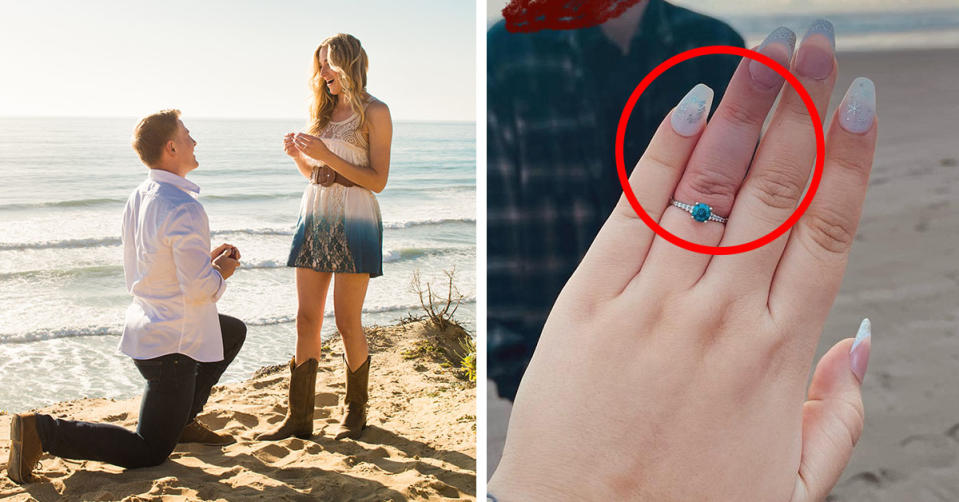 L: A man proposing to a woman. R: close up of an engagement ring on a finger, the finger is purple