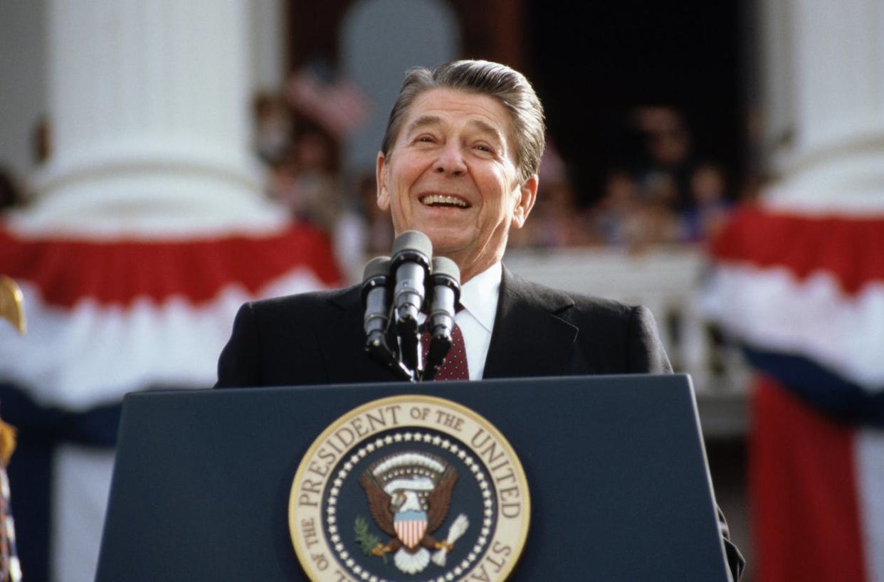 Numerous rap songs criticize the Reagan administration for its complicity in the illicit drug trade. <a href="https://www.gettyimages.com/detail/news-photo/president-ronald-reagan-campaigning-for-a-second-term-of-news-photo/594771010?phrase=Ronald%20Reagan&adppopup=true" rel="nofollow noopener" target="_blank" data-ylk="slk:Wally McNamee/CORBIS/Corbis via Getty Images;elm:context_link;itc:0;sec:content-canvas" class="link ">Wally McNamee/CORBIS/Corbis via Getty Images</a>