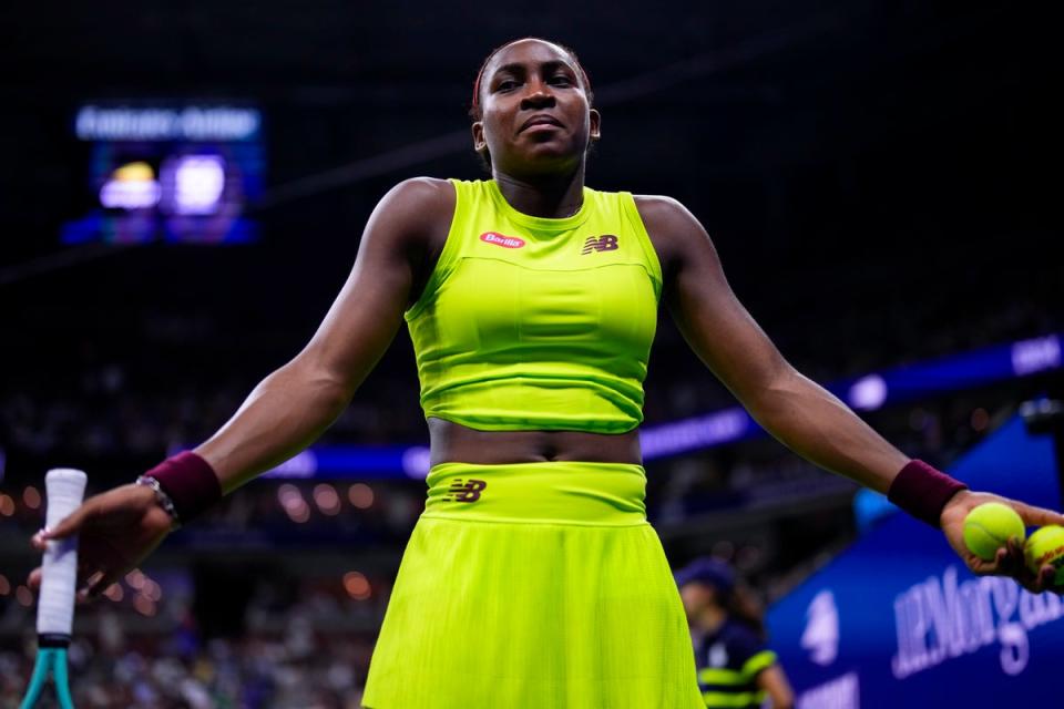 Coco Gauff reacts as protesters disrupt her match against Karolina Muchova of the Czech Republic (Manu Fernandez)