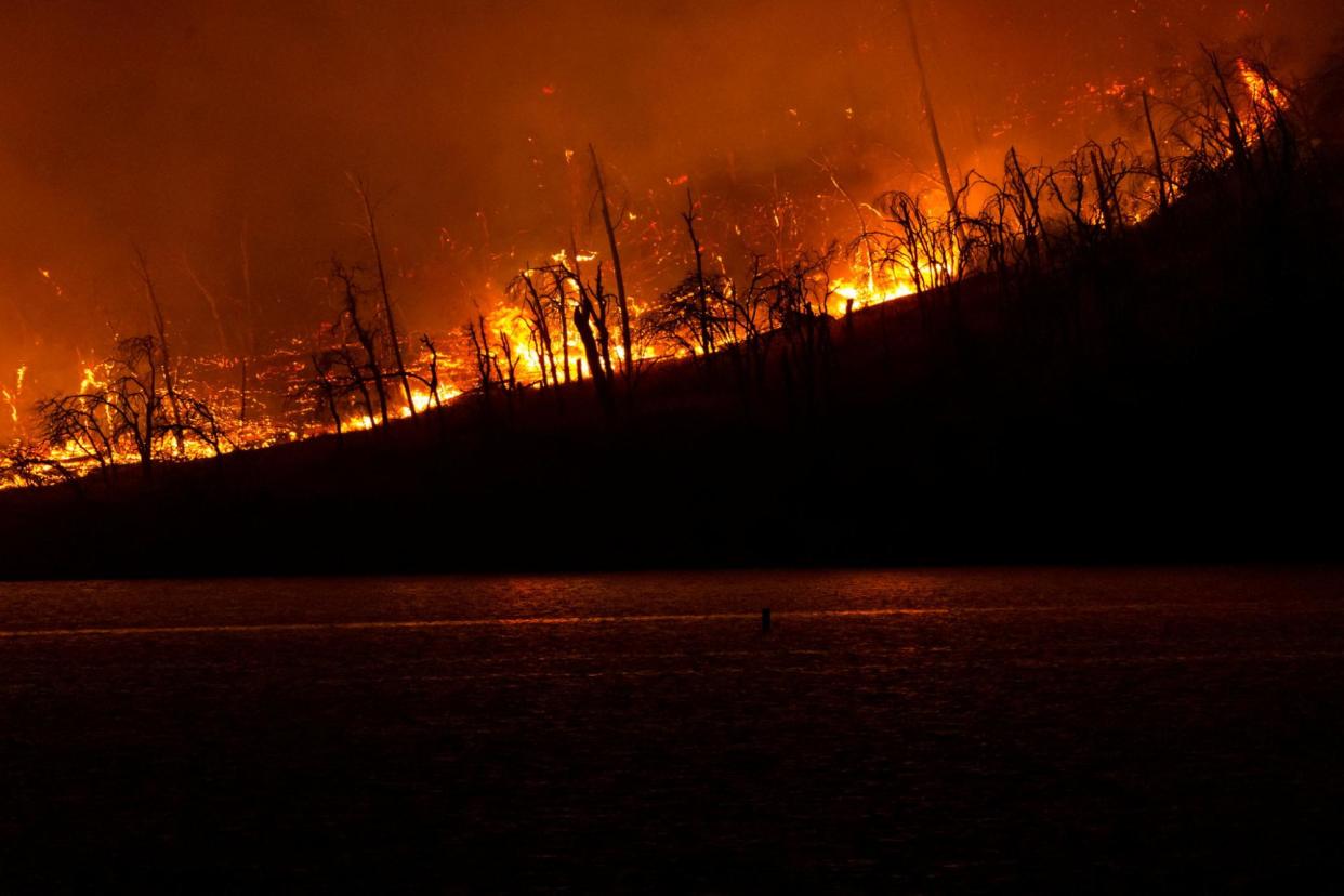 <span>The Thompson wildfire rages near Oroville, California, on 2 July 2024.</span><span>Photograph: Carlos Barría/Reuters</span>