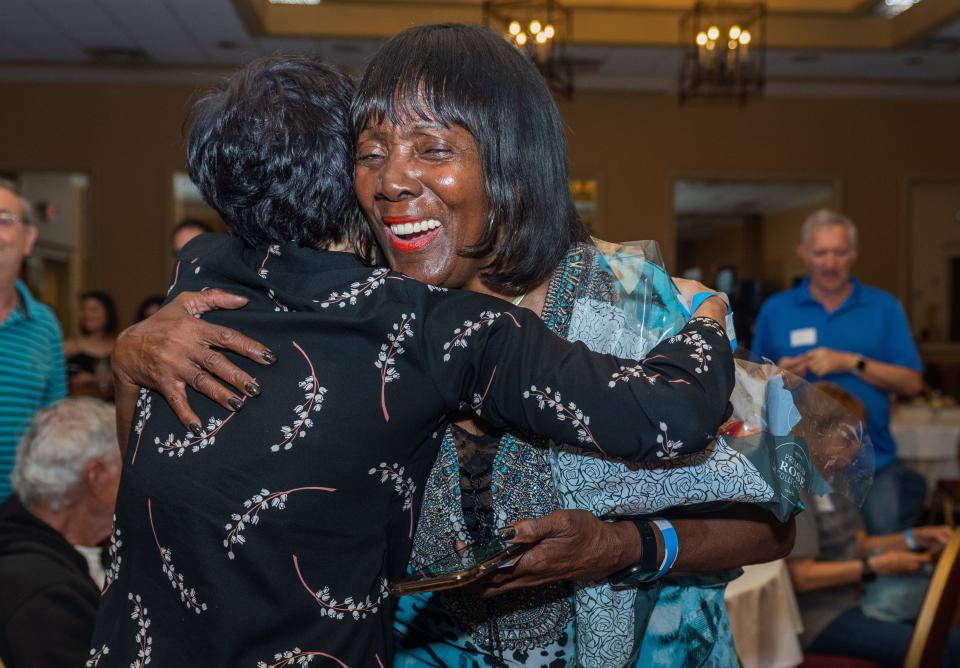 Palm Beach County School Board District 6 incumbent Marcia Andrews is hugged by School Board District 3 member Karen Brill after Andrews appeared to have defeated her opponent based on early results during an election watch party hosted by the Palm Beach County Democratic Party on Tuesday, November 8, 2022, at the Embassy Suites Hotel in West Palm Beach, FL.