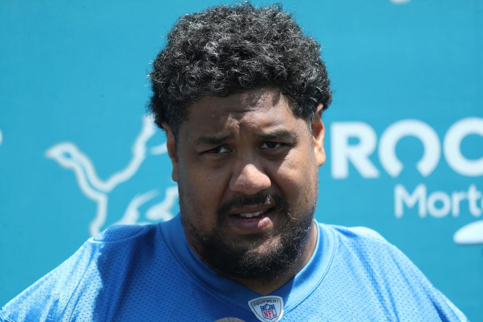 Lions offensive tackle Hal Vaitai talks with reporters after OTAs on Thursday, May 25, 2023, in Allen Park.