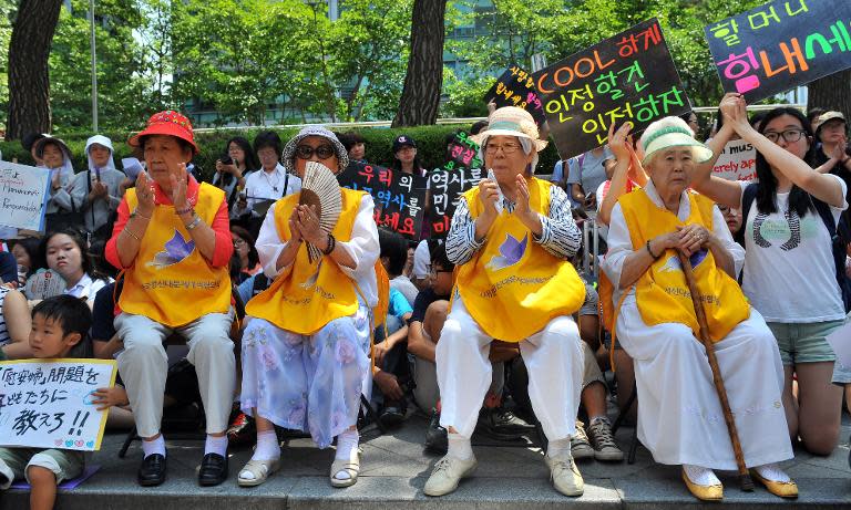 South Korean women who were forced to serve as sex slaves for Japanese troops during World War II attend a protest against Japan in Seoul in 2012