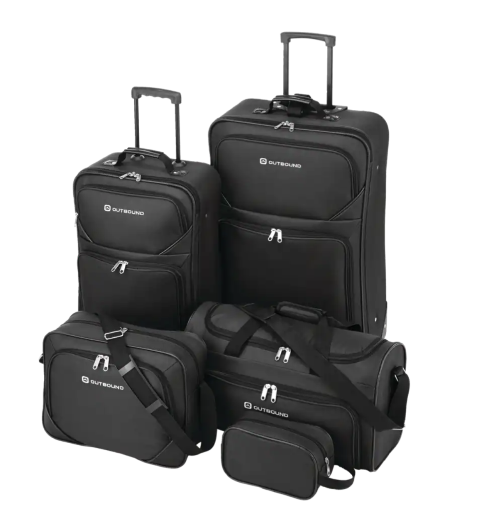 Outbound 5-Piece Softside Wheeled Travel Luggage Suitcase Set w/ Duffle, Boarding Tote & Toiletry Bags (photo via Canadian Tire).