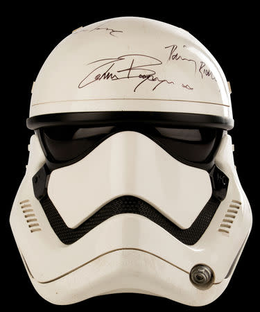 A signed Stormtrooper helmet from the Star Wars "The Force Awakens" movie, is among items on the auction block by Profiles in History in Calabasas, California, U.S., is shown in this photo provided November 29, 2018. Courtesy Profiles in History Auctions/Handout via REUTERS