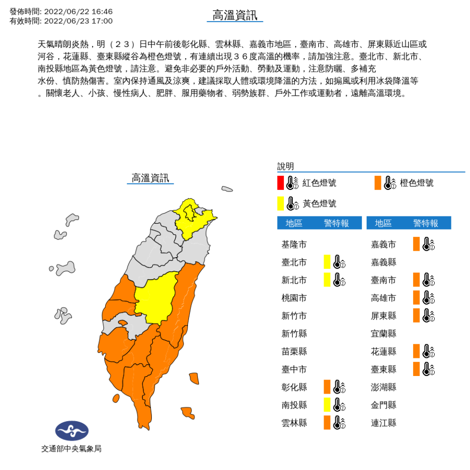 8縣市亮起「橙色燈號」，有出現36度高溫的機率。（圖／翻攝自中央氣象局）