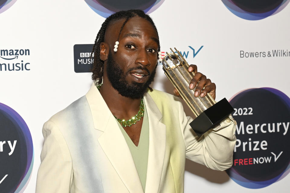 LONDON, ENGLAND - JULY 26: Kojey Radical attends the Mercury Prize Shortlist Announcement at The Langham Hotel on July 26, 2022 in London, England. (Photo by Dave J Hogan/Getty Images)