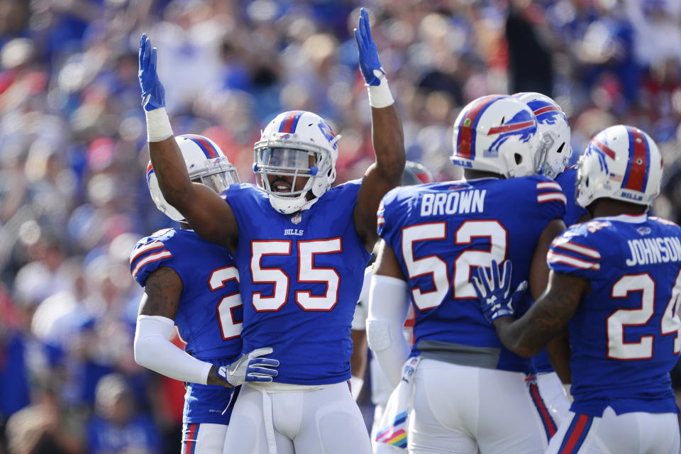 Buffalo Bills defensive end Jerry Hughes (55) yelled at an official in the tunnel after last week's game. (AP)