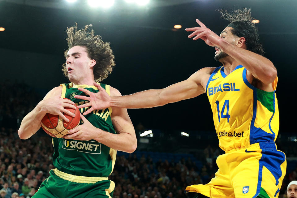 MELBOURNE, AUSTRALIA – AUGUST 16: Josh Giddey of Australia takes possession of the ball during the match between the Australia Boomers and Brazil at Rod Laver Arena on August 16, 2023 in Melbourne, Australia. (Photo by Kelly Defina/Getty Images)