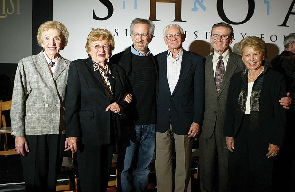 The director (third from left) joined Celina Biniaz (far left) and other Holocaust survivors as they marked the 2004 DVD release of Schindler’s List.