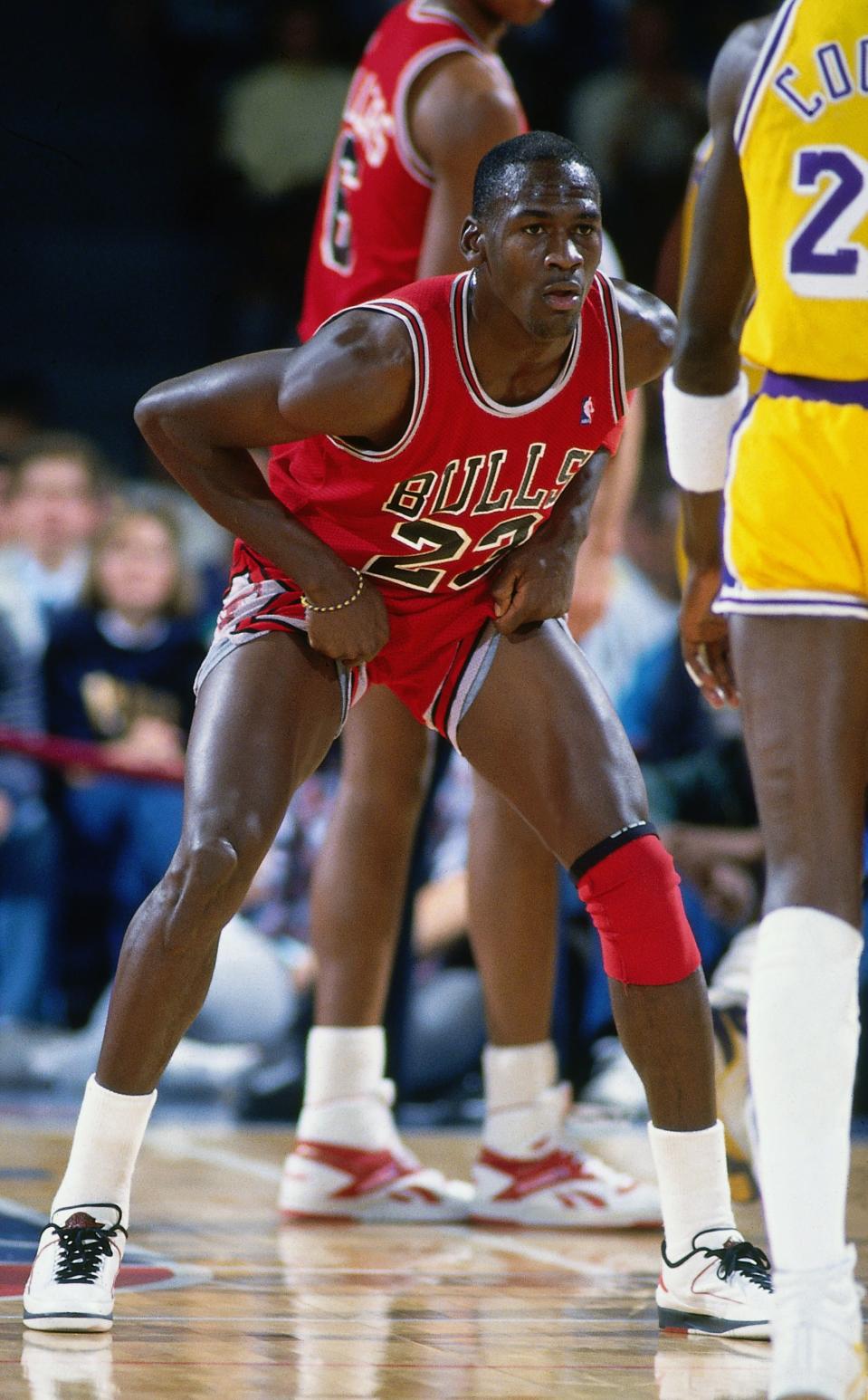 Michael Jordan defends against Michael Cooper in 1987 at the Great Western Forum in Inglewood, California. (Photo by Andrew D. Bernstein/NBAE via Getty Images)
