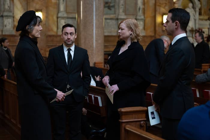 The Roy siblings and their mother at Logan Roy's funeral in a scene from Succession