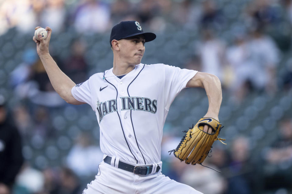 Seattle Mariners starter George Kirby delivers a pitch during the first inning of a baseball game against the Texas Rangers, Tuesday, May 9, 2023, in Seattle. (AP Photo/Stephen Brashear)