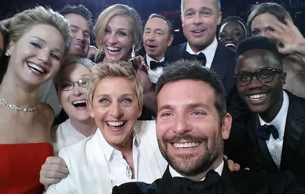 Brad and Jen are both in THAT famous selfie from the Oscars. Source: Getty